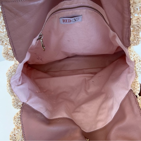 RED VALENTINO Cream Crochet Raffia Pink Mauve Leather Bow Shoulder Bag Tote - Picture 11 of 16